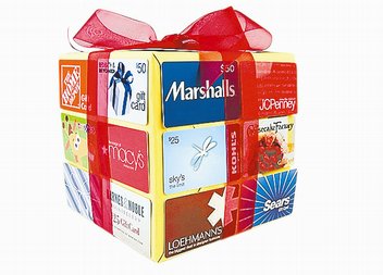 A box covered in gift cards