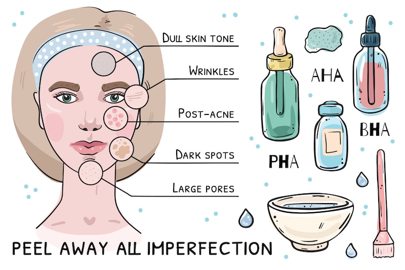 Illustration demonstrating skin conditions treated with chemical peels.