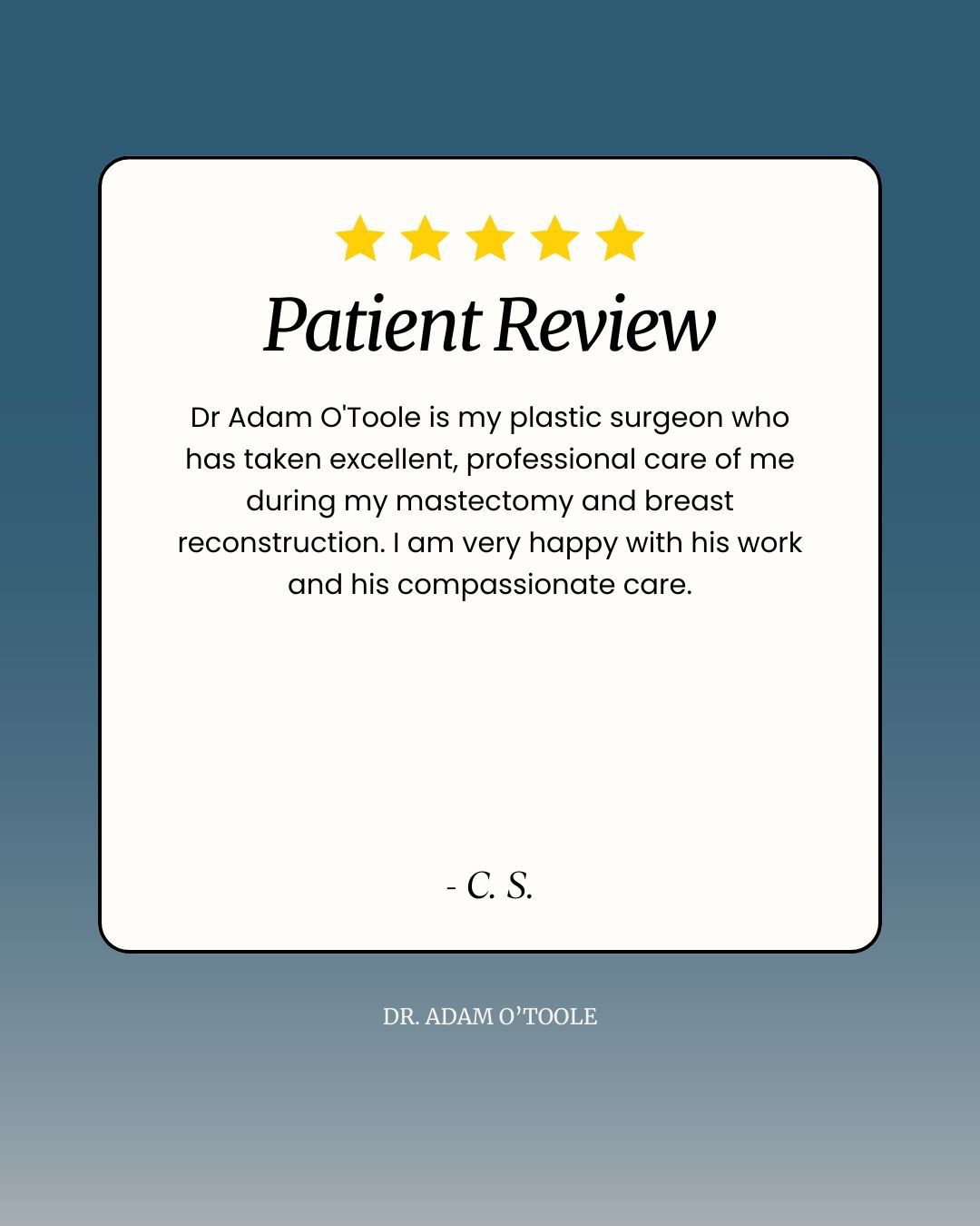 ⭐⭐⭐⭐⭐ We’re honored to be part of our patients’ healing journey, especially during some of the most vulnerable and meaningful moments. Thank you for trusting us with your breast reconstruction following mastectomy. Providing both expertise and empathy is at the heart of everything we do. If you’re facing a similar path, know that you’re not alone, and we’re here to support you every step of the way. #BreastReconstruction #MastectomyJourney #PatientReview #CompassionateCare #PlasticSurgeryWithHeart #DrAdamOToole #PasadenaPlasticSurgery #ReconstructiveSurgery #HealingWithSupport