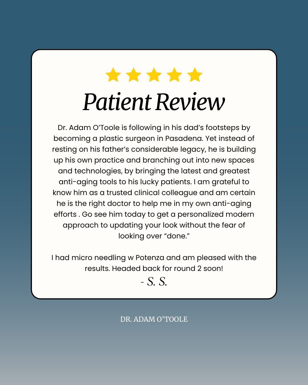 ⭐⭐⭐⭐⭐ I am so grateful for thoughtful words like these, and even more grateful to earn the trust of patients and colleagues alike. I am proud to continue a legacy while creating my own path, bringing advanced techniques and a natural approach to aesthetics in Pasadena. Microneedling with Potenza is just one of the many powerful tools we use to help you feel refreshed, never overdone. Ready for your own glow-up? Let’s talk. Pasadena, CA | Link in bio to book #PatientReview #Microneedling #PotenzaRF #SkinRejuvenation #NaturalResults #PasadenaPlasticSurgery #DrAdamOToole #ModernAesthetics