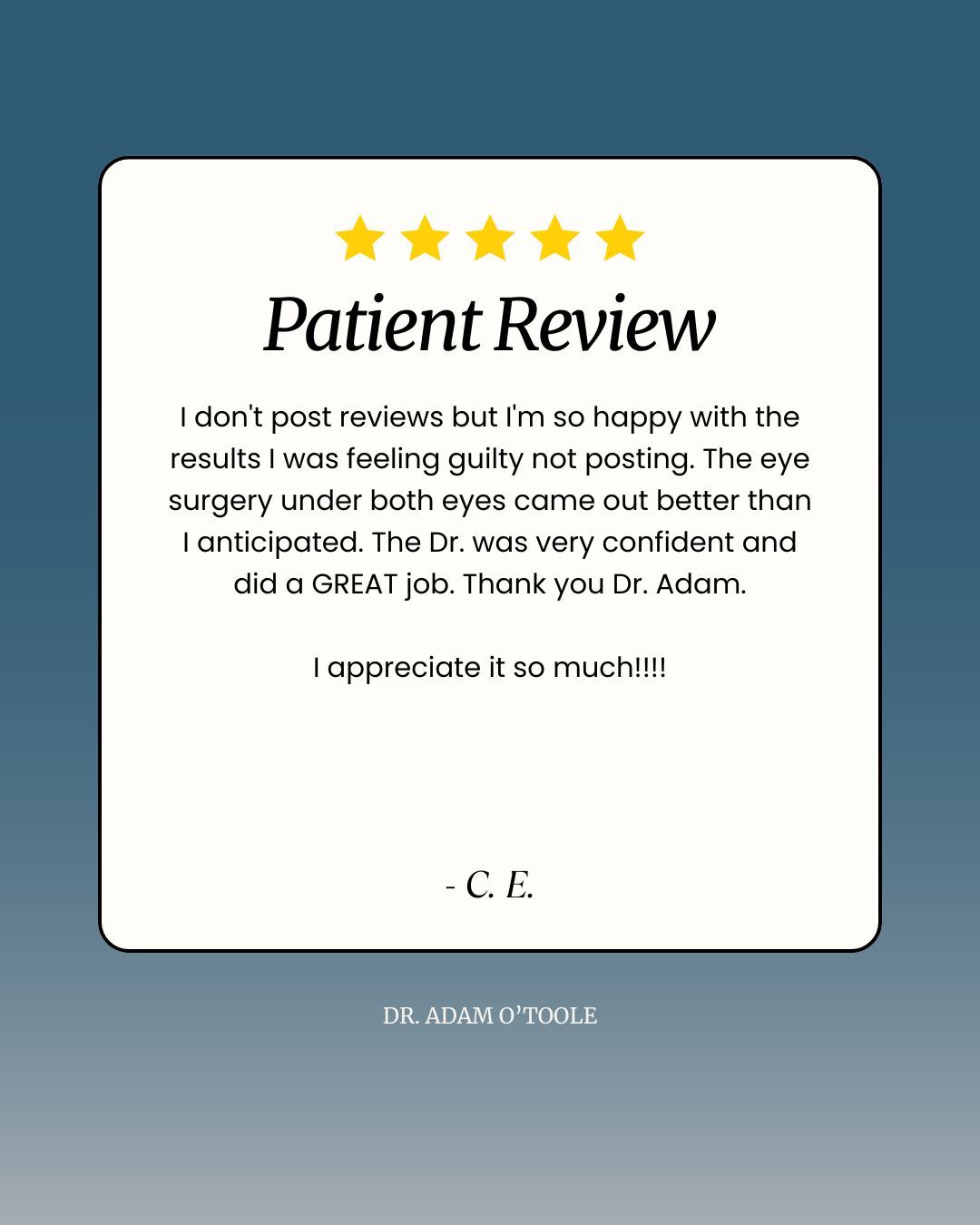 When a patient says they never leave reviews but felt compelled to share their results, that means the world to us. We're so glad you're happy with your under-eye surgery, and we’re honored to have earned your trust. Thank you for letting us be part of your journey. #UndereyeSurgery #Blepharoplasty #NaturalResults #PatientPraise #DrAdamOToole #FacialRejuvenation
